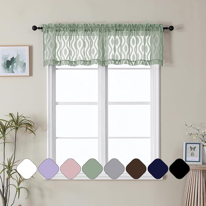 Aiyufeng Green Valance Curtains 14 Inch Length, Chic Wavy Line Clip Jacquard Sheer Curtains for Basement Bathroom Small Curtain, Lightweight Solid Rod Pocket Small Window Curtains, 2 PCS, 40Wx14L Inch