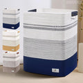Large Laundry Basket - Tall Woven Rope Laundry Hamper with Leather Handles - Dirty Clothes hamper for Living room, Bedroom, 17.8" X 13.8" X 22", Dark Blue & White