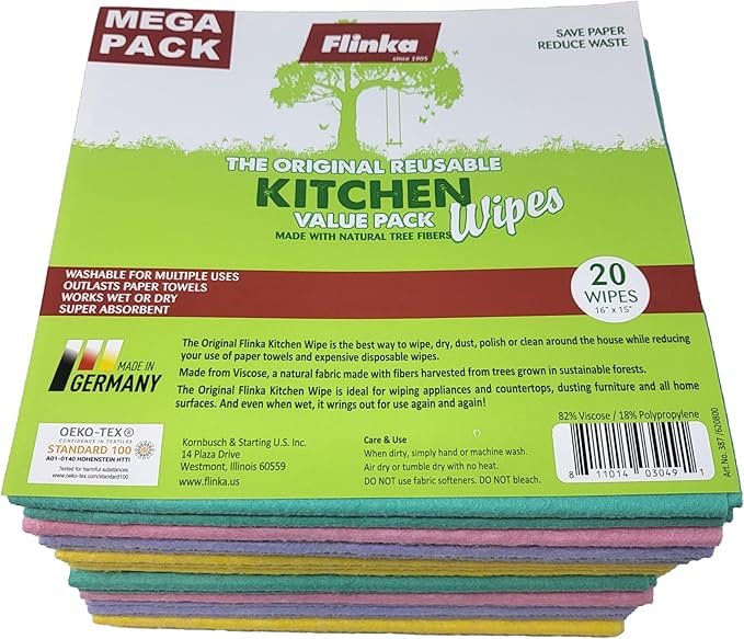 Flinka Kitchen Wipes 20 Count Mega Pack - Large (16 in. x 15 in.) Reusable Cleaning Cloth - Washable Paper Towels - Eco Friendly Viscose Cloths - Assorted Variety of Colors