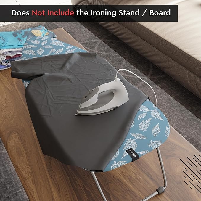 Encasa XO Ironing Board Cover and Pad 28"x12" - Thick 3mm Felt Padding, Drawstring Tightening & Lock, Easy Fit, Scorch & Stain Resistant, Fits Mini Ironing Board - Big Leaves Blue