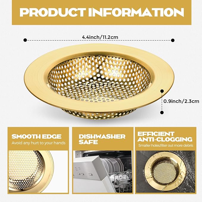 Retisee 2 Pcs Sink Strainer Stainless Steel Kitchen Sink Drain Strainer Basket Cover Mesh Hair Food Catcher, Large Wide Rim of 4.4 Diameter(Brushed Gold)