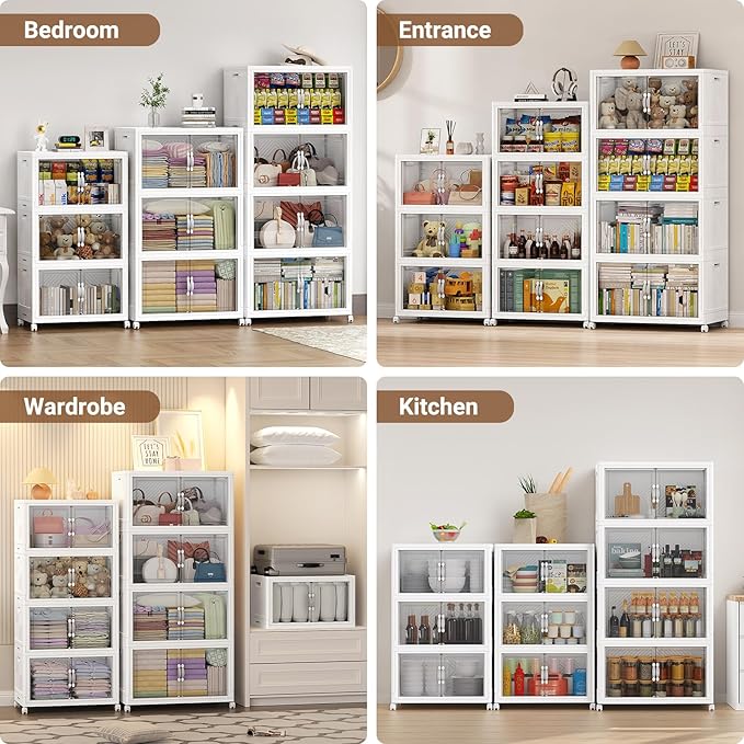 BROVIEW 300QT Extra Large Stackable Storage Bins, 75Gal Clear Plastic Closet Organizer Cabinet with Lid and Wheels, Collapsible Latch Boxes Folding Drawer with Door for Home Kitchen, V20 3Pack White