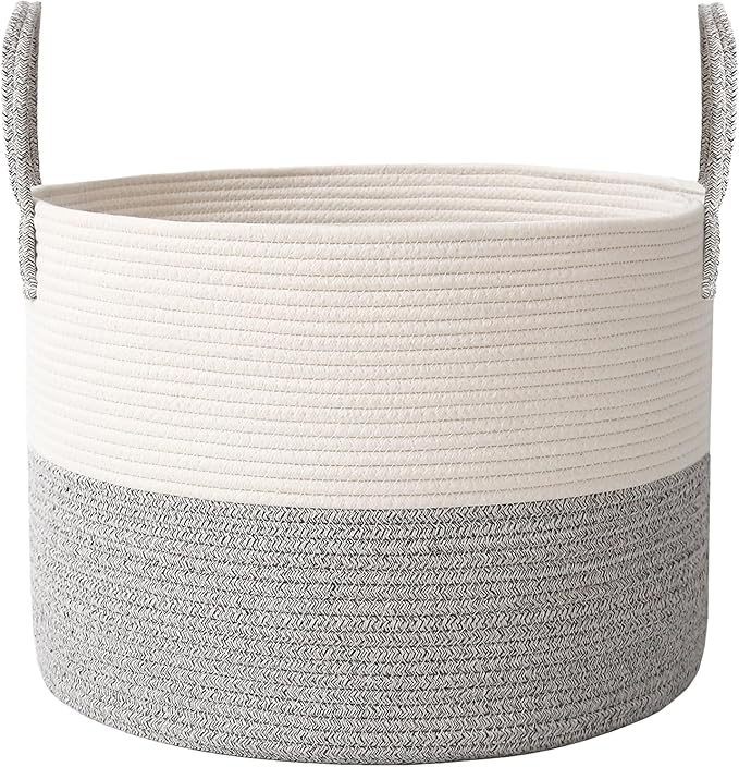 Woven Blanket Basket,115L Large Rope Storage Bin with Handles, Organizer for Blankets Toys Book and Clothes, Laundry Basket for Living Room Bedroom Nursery,White&Grey
