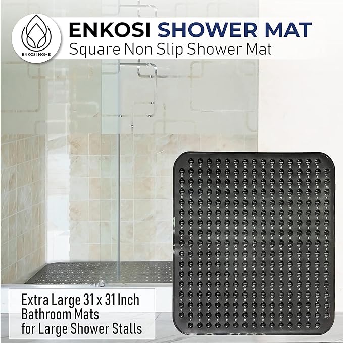 ENKOSI Extra Large Square Non Slip Shower Mat - 31 x 31-inch XL Bathroom Shower Mat - Square Shower Matts for Shower Stall Floors | Secure Suction Cups and Drain Holes (31x31 White)