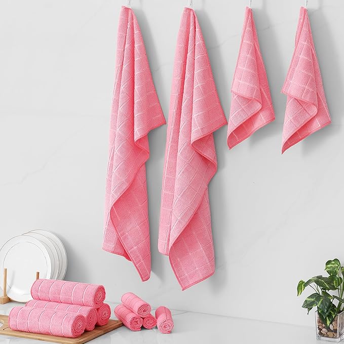 Homaxy Microfiber Kitchen Towels and Dishcloths Set, 12 Pack Soft and Absorbent Dish Hand Towels Bulk, 28 x 16 Inch & 12 x 12 Inch Quick Drying Rags for Washing Dishes, Pink