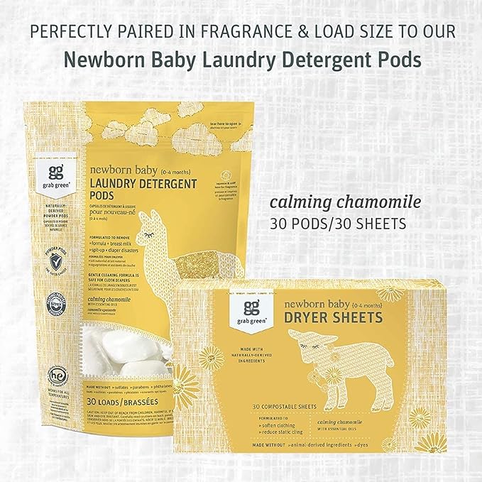 Grab Green Newborn Baby Dryer Sheets, 120 Sheets, Chamomile Scent, Plant and Mineral Based, Compostable, Softens Clothing and Linens, Reduces Static Cling
