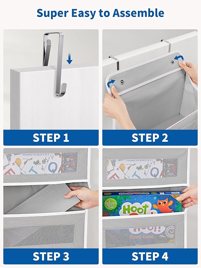 JARLINK Over The Door Organizer, 5 Shelf Door Hanging Organizer with 5 Large Pockets, 44 lbs Weight Capacity Hanging Storage for Bathroom, Bedroom, Nursery, RV, Pantry (Light Grey)