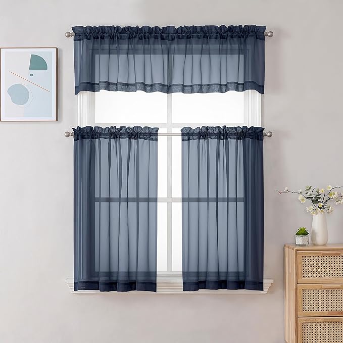 Chyhomenyc Navy Blue Sheer Curtains 30 inch Length 2 Panels, Light Filtering Voile Rod Pocket Short Window Curtians for Bathroom Living Room Farmhouse Small Windows, 42Wx30L inches