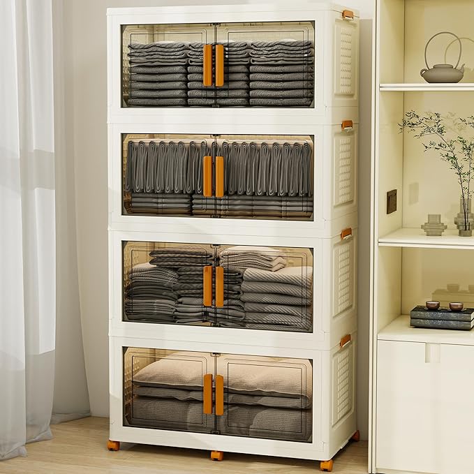 4 Tier Extra Large Stackable Storage Bins with 1 Lid 205 QT/Tier, Collapsible Plastic Box Storage Bin with Wheels, Home Containers Boxes Closet Organizers for Living Room, Office, Dorm
