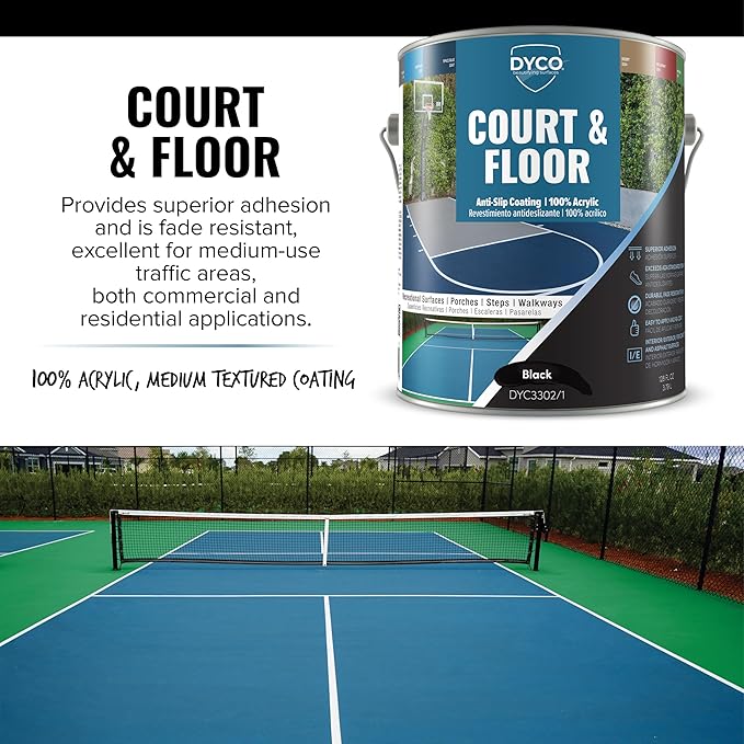 DYCO Court & Floor Anti-Slip Coating - Slip-Resistant Pavement, Cement & Concrete Paint for Pickleball, Tennis & Basketball Courts, Exceeds ADA Standards for Safety Areas (Black, 1 Gallon)