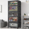 BROVIEW 400Qt Stackable Storage Bins with Lid, Extra Large Closet Organizer Collapsible Drawer Boxes with Wheels, Folding Plastic Cabinet Containers for Home Kitchen Room Organization, 5Pack Black