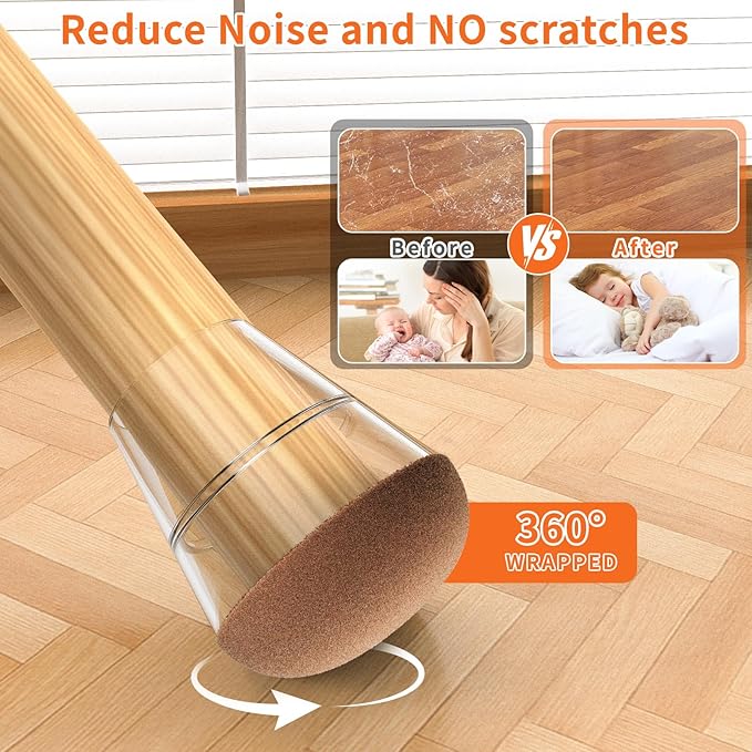 Chair Leg Floor Protectors Large 24Pcs,Silicone Chair Leg Protectors for Hardwood Floors/Tiles,360°Wrapped Felt Bottom to Prevent Scratch and Reduce Noise, Round Clear