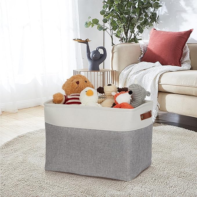 DULLEMELO Storage Baskets Large 16"x12"x12" Tall Rectangular Baskets Fabric Storage Bins for Organizing [1 Pack] Collapsible Linen Shelf Baskets for Clothes, Toys, Closet, Laundry (White&Grey)