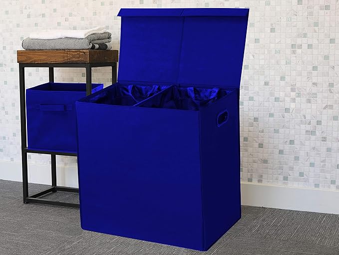 Simple Houseware Double Laundry Hamper with Lid and Removable Bags, Dark Blue