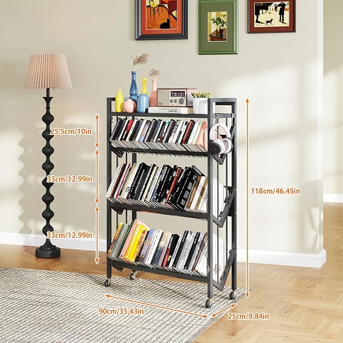 Book Carts 4 Tier 46.5x35.4x9.84 in Rolling Book Cart Large Capacity Bookshelf Storage Rack Mobile Book Storage with Wheels Cart for Home Office Living Room Classroom (Black)