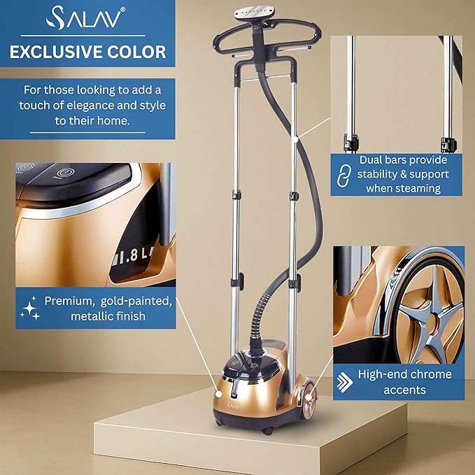 SALAV® Professional Garment Steamer for Clothes with Foot Pedal Control, Stainless Steel Steam Plate, Retractable Power Cord, 1.8L Water Tank for 1hour Steam Time, Wheels for Easy Movement, Gold