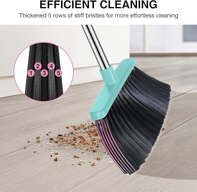 Broom and Dustpan Set, 52-in Long Adjustable Handle Broom Dustpan Combo with Dust pan Teeth to Automatically Clean Hair Suitable for Home Kitchen Office Hall Floor（Pink&Blue）