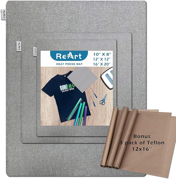 ReArt 3 Pcs Heat Press Mat 10" x 8" / 12" x 12" / 16" x 20" with 3 Pcs Teflon 12" x 16" for Cricut Easypress Both Sides Applicable - Cricket Craft Vinyl Ironing Insulation Transfer Heating Mats