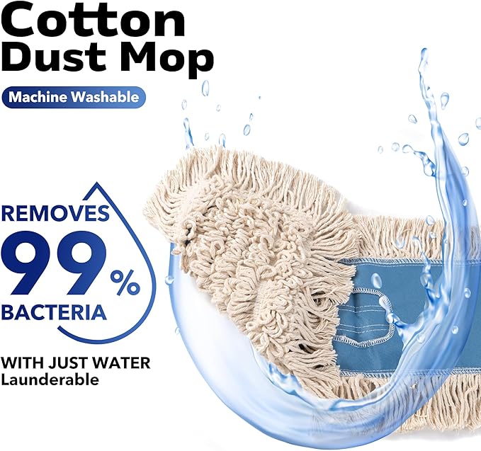 Matthew Cleaning 36'' Industrial Strength Cotton Dust Mop Refill Washable Replacement Heads for Residential & Commercial Use Fit Standard Dust Mop Frames, Hardwood, Concrete Floors Blue&White 1 Pack