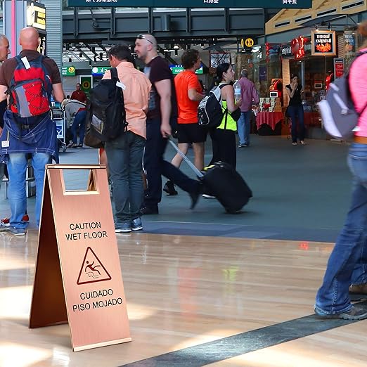 Kigley 2 Pcs Wet Floor Sign, 24 Inch Stainless Steel Caution Wet Floor Sign Double Sided Portable Foldable Bilingual Safety Warning for Hotel Market Restroom Restaurant Office (Rose Gold)