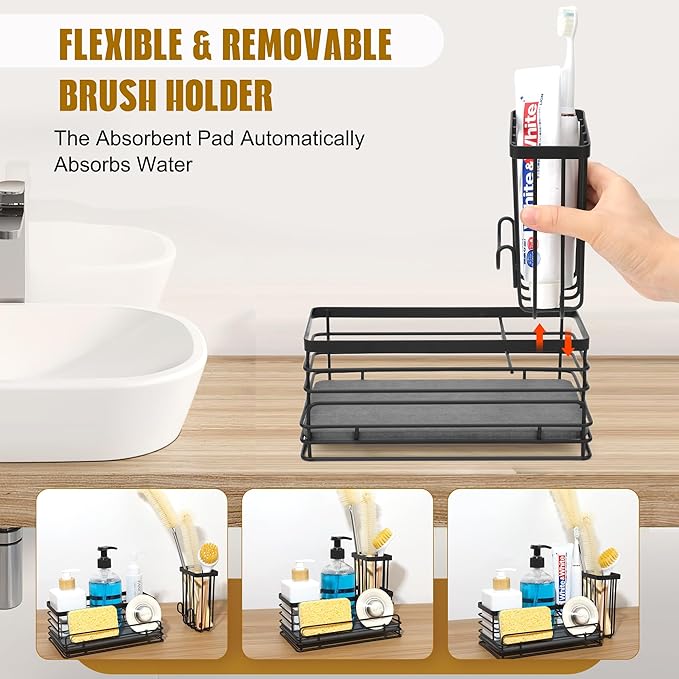Sponge Holder for Kitchen Sink – Rustproof Sink Caddy & Kitchen Organizer with High Brush Holder, Fast Drying Diatomite Base, 304 Stainless Steel Dish Sponge Rack(Black)