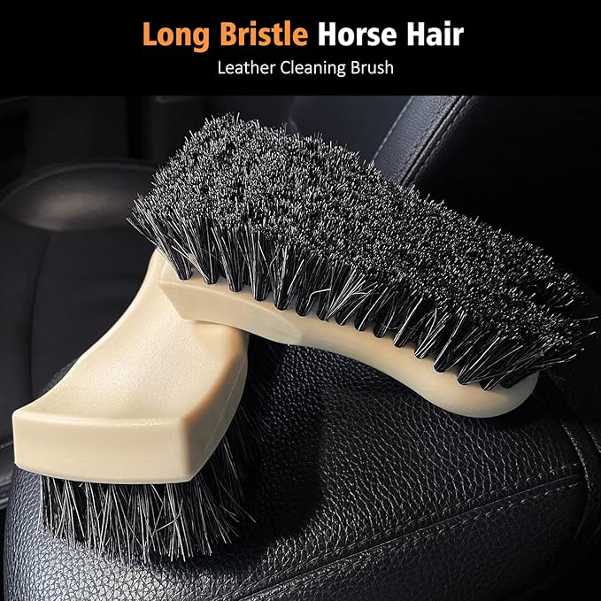 YeewayVeh 7PCS Car Interior Detailing Kit, Horse Hair Car Leather Brush, Applicator Pads and Microfiber Cloth for Car Interior & Seats Leather, Interior Car Cleaning Kit, Orange