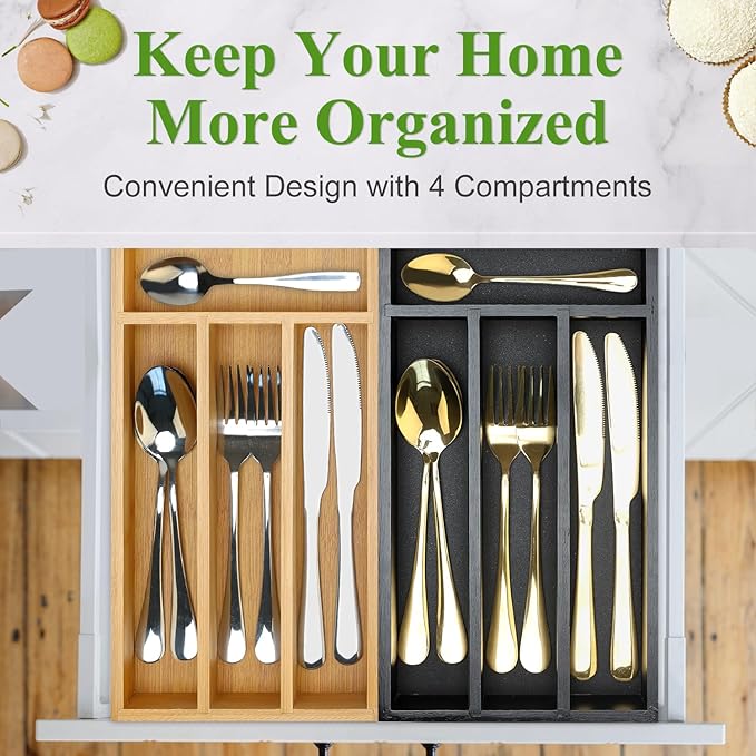 Small Wooden Silverware Organizer Tray Narrow Kitchen Drawer Dividers Utensil Organizers and Storage Black Cutlery Trays Spoon Flatware Organizer for Drawer Bamboo Cutlery Utensil Holder Tray