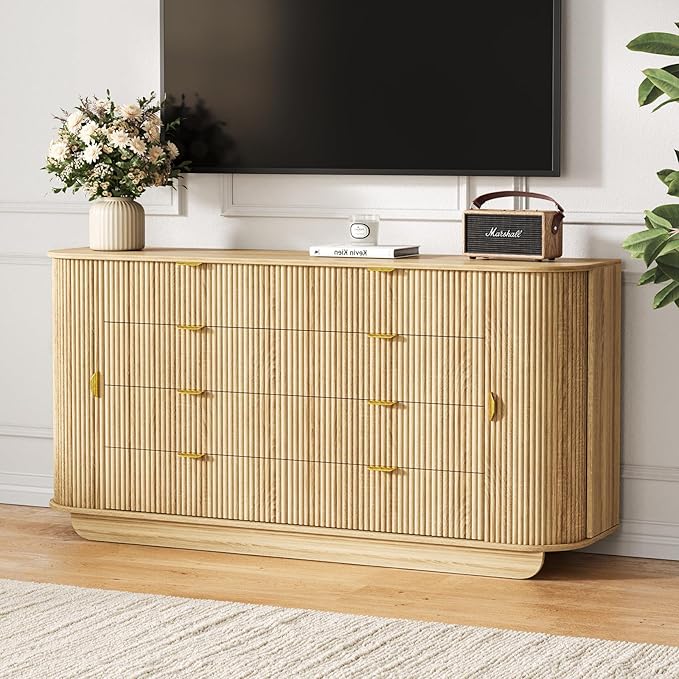63" Tambour Dresser for Bedroom with 8 Drawers, Modern Chest of Drawers with Sliding Doors & 4 Shelves, Fluted Dresser Storage Organizer for Bedroom, Closet, Living Room(Natural)