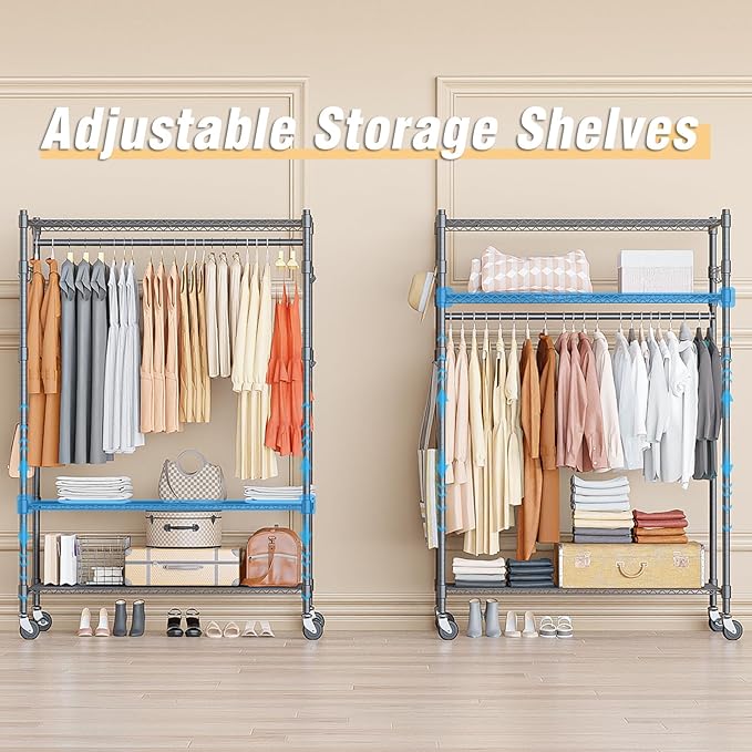 Homdox Heavy Duty Rolling Clothing Rack, Adjustable Garment Rack with 3 Tier Storage Shelves, Freestanding Closet Wardrobe for Hanging Clothes with Side Hooks, Gray