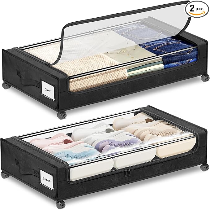 Under Bed Storage with Wheels 2-Pack，Under Bed Storage Containers XXL，Underbed Shoes Storage with Clear Lid,Rolling UnderBed Metal Drawer for Clothes Blankets Easy Pull-out Black
