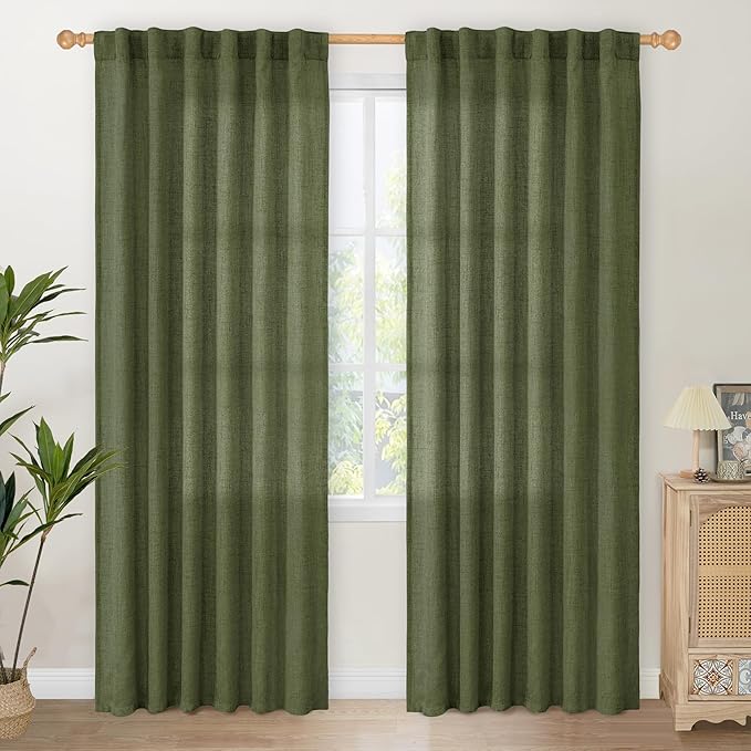 YoungsTex Olive Green Linen Curtains 80 Inch Length for Living Room, Semi Sheer Window Drapes with Rod Pocket Back Tab Light Filtering Decorative for Office Bedroom, 2 Panels, 52 X 80 Inch