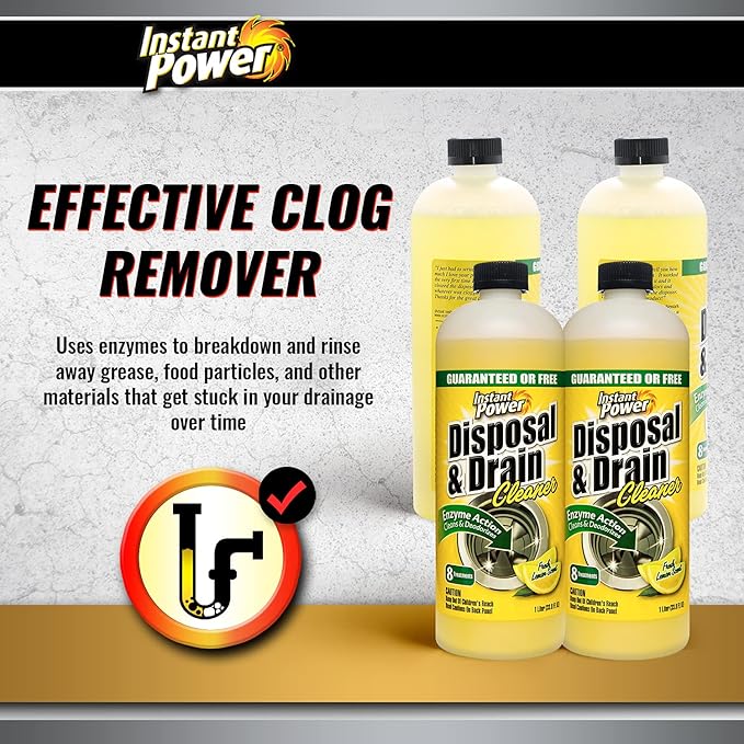 Instant Power Disposal and Drain Cleaner – Liquid Enzyme Clog Remover, Cleans and Deodorizes, Removes Drain Blockages, Fresh Lemon Scent 33.8 Fl oz, 1 Liter 4 Pack