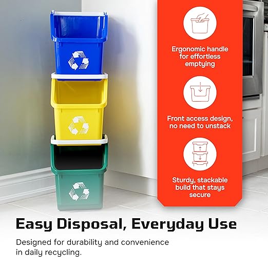 Multi Recycling Bin System with Three Stacking 6 Gallon Bins with Carrying Handles, Stackable and Compact for Offices, Homes, Garages, Businesses - (Yellow, 1 Pack)