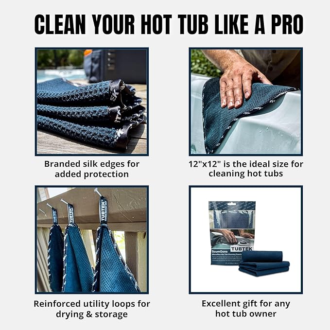 TUBTEK Microfiber Hot Tub Surface Cleaner Towels (3 Pack) – Hot Tub Cover Cleaner & Shell Scrubber – Spa Scum Remover & Cleaning Tools, 100% Scratch-Free