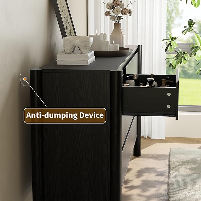 Dresser for Bedroom with 9 Drawers,63" Wide Black Dresser with 4 Solid Wood Legs, Wooden TV Stand,Closet Clothes Organizer for Bedroom, Hallway