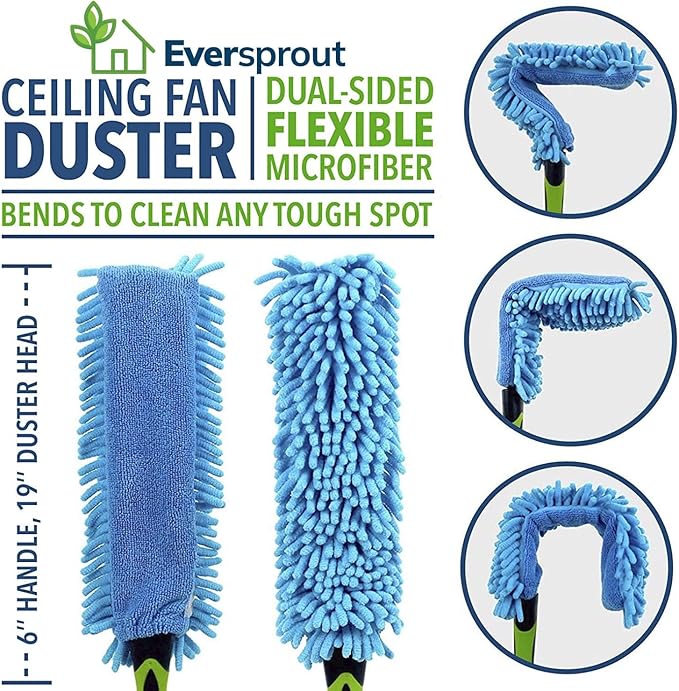 EVERSPROUT 20+ Foot High Reach Flexible Microfiber Ceiling & Fan Duster | Bendable to Clean Any Fan Blade | Removable & Washable Brush Head |5-to-12 Foot 3-Stage Lightweight Aluminum Extension Pole