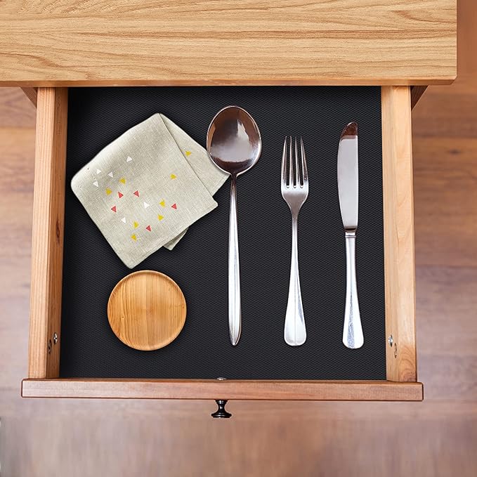 Kitchen Shelf Liner Drawer Liners, Non-Adhesive Refrigerator Liners Waterproof Fridge Mats with Strong Durable Kitchen Cabinets Mat for Drawers, Shelves, Pantry Black