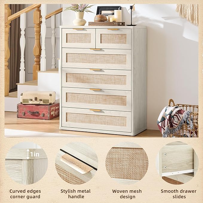 LEYAOYAO White Dresser for Bedroom Set of 2, 42" Tall Chest of Drawers, Modern 6 Drawers Boho Rattan Dressers with Storage, Dresser Wooden Closet Organizer for Living Room, Hallway