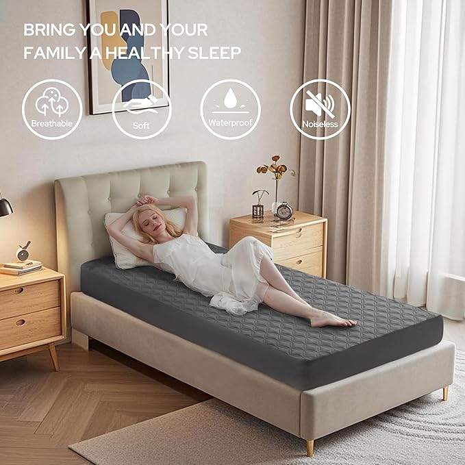 BEDLORE Waterproof Mattress Protector, Noiseless Twin XL Size Mattress Pad with Deep Pocket Fitted Up to 6"-15", Soft Breathable Dirt-Proof Mattress Cover for College Dorm (Gray)