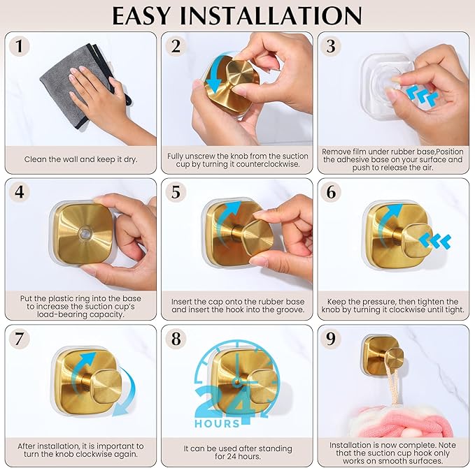 Suction Cup Hooks for Shower - Reusable No-Drill Mounting - Hooks for Towels, Robes & Loofah on Metal, Glass, Mirrors, Tile & Smooth Non-Porous Surfaces (2, Brushed Gold)