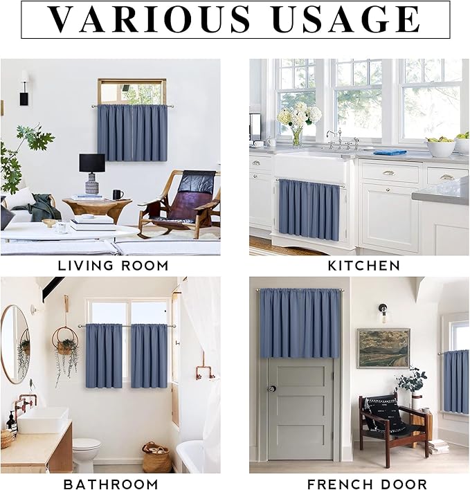 RYB HOME Bathroom Window Curtains - Super Soft Blackout Privacy Curtains for Baby Nursery Bedroom Basement Garege Workshop Kitchen Dining Living Room, W 29 x L 30, Stone Blue, 2 Pcs