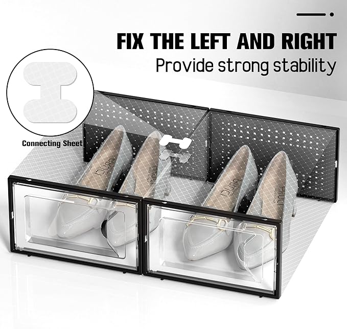 Kuject 15 Pack Shoe Storage Boxes, Clear Plastic Stackable Shoe Organizer for Closet, Connect Left and Right Shoe Boxes Case Container Bin for Entryway, Drop Front, Fit for Size 10(Black)