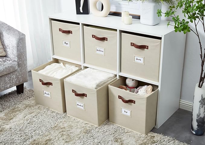 DECOMOMO Storage Bins, Cube Storage Bin with Labels, Fabric Storage Cubes for Shelves (10.5" x 11" / 6pcs, Beige)