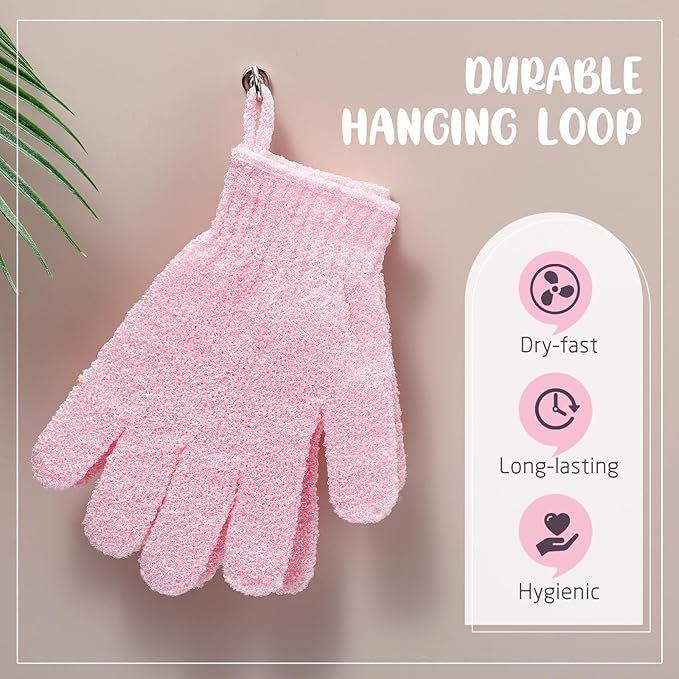 104 Pcs Exfoliating Glove Bulk Shower Gloves with Hanging Loop Exfoliating Body Scrubber Dead Skin Remover for Body Bath Beauty Spa Massage Scrubs Men Women Bathing (Pink)