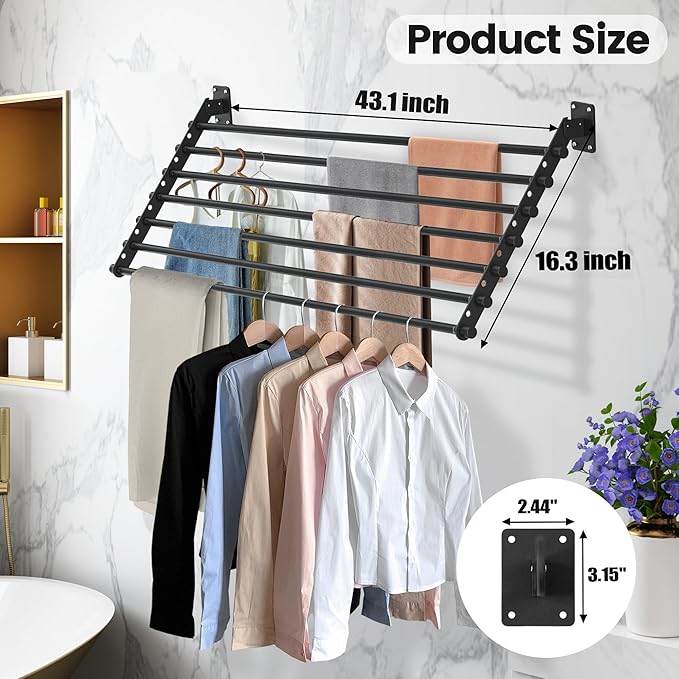 Wall Mounted Clothes Drying Rack 43 Inch – Foldable Laundry Drying Rack for Wall Mount, Space Saving Indoor Drying Rack for Clothes, Compact & Sturdy Design