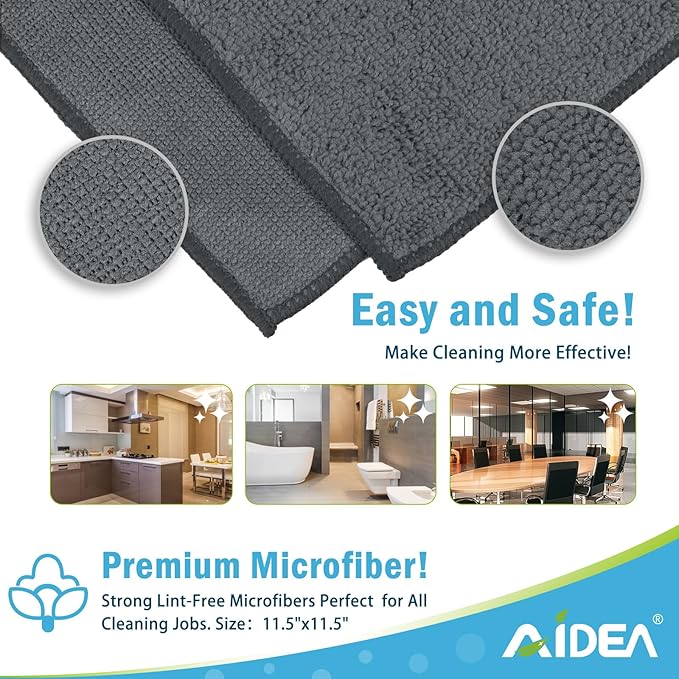 AIDEA Microfiber Cleaning Cloth Grey 12PK, Microfiber Towels for Cars, Premium Car Cloths, Dusting Cloth Lint Free Cleaning Rags for SUVs, House, Kitchen, Window, Workshops,11.5×11.5"