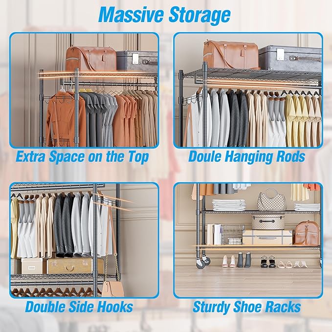 Homdox Heavy Duty Rolling Clothing Rack, Adjustable Garment Rack with 3 Tier Storage Shelves, Freestanding Closet Wardrobe for Hanging Clothes with Side Hooks, Gray