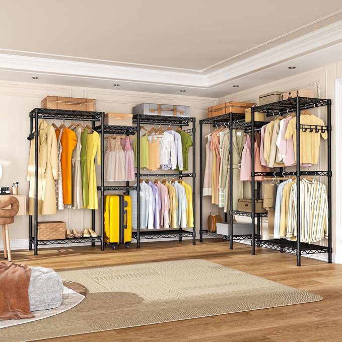 Heavy Duty Garment Rack Large Clothes Rack,Freestanding Closet Portable Clothing Rack with 7 Adjustable Wire Shelves&4 Hang Rods&2 Hooks,Metal Closet Storage Organizer Wardrobe System,MaxLoad 1000lbs