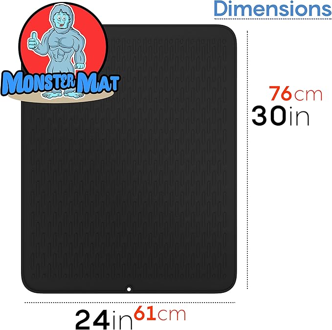 Extra Large (30 inch by 24 inch) heavy duty silicone dish drying mat for kitchen counters by MonsterMat (Black, XL - 30"x24")