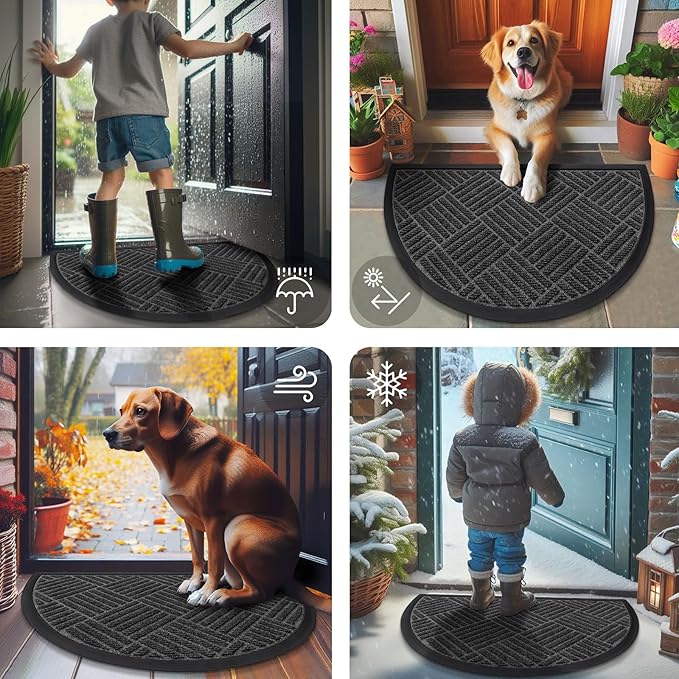 Smiry Half Circle Front Door Mat Outside Entrance, Heavy Duty Outdoor Indoor Natural Rubber Doormat, Non Slip, Trap Dirt and Moisture, Easy Clean, Low Profile Patio Porch Entryway Mat, 29.5x17, Black